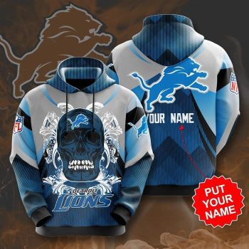 Personalized Detroit Lions Football Team Skull Art Unisex 3D Pullover Hoodie - Blue IHT1619
