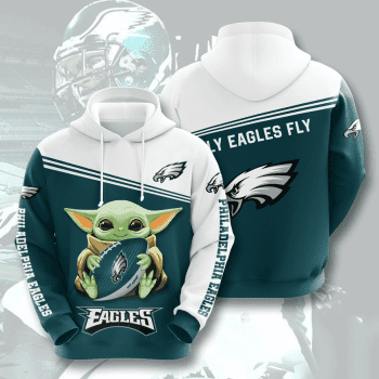 Philadelphia Eagles Baby Yoda Fly Eagles Fly 3D Unisex Pullover Hoodie - Teal White IHT1760