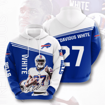 Tre'Davious White 27 Signature Buffalo Bills 3D Unisex Pullover Hoodie - Neon Blue White IHT2253