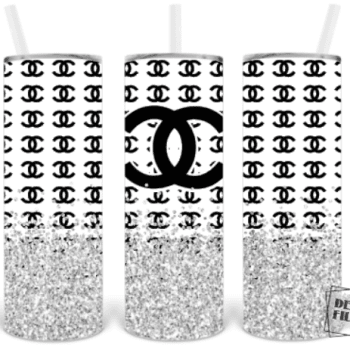 Chanel Silver Glitter Yeti Inspired Luxury Skinny Tumbler 20oz  SKT1534