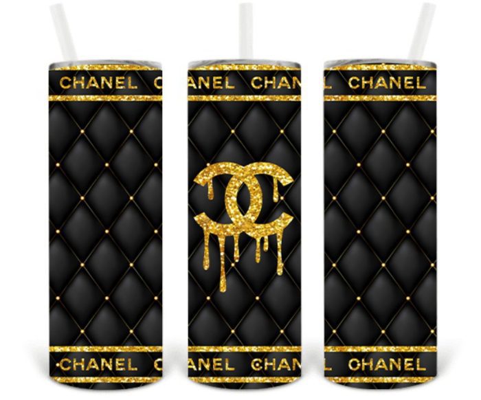 Chanel Gold Glitter Drip Monogram Yeti Inspired Luxury Skinny Tumbler 20oz  SKT1531