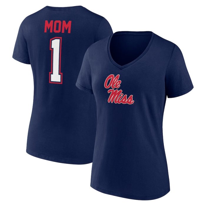 Ole Miss Rebels Women's Mother's Day #1 Mom V-Neck T-Shirt - Navy