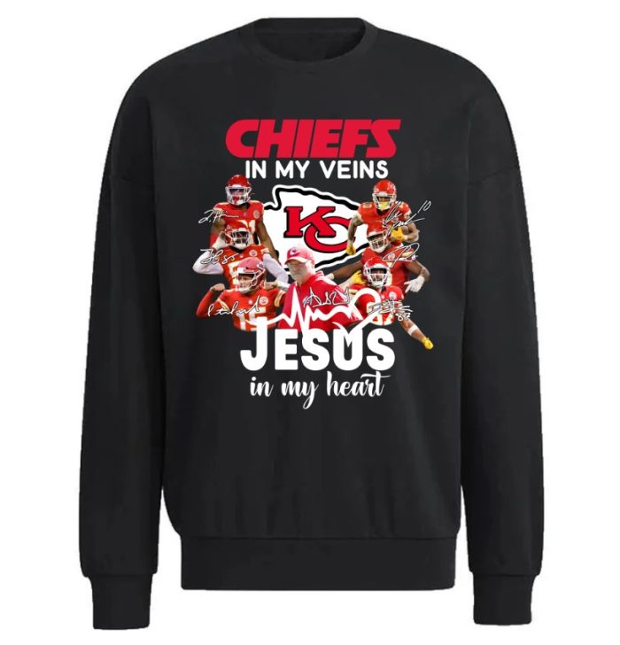 Super Bowl Lvii Champions Kansas City Chiefs In My Veins Jesus In My Heart Signatures Unisex Sweatshirt